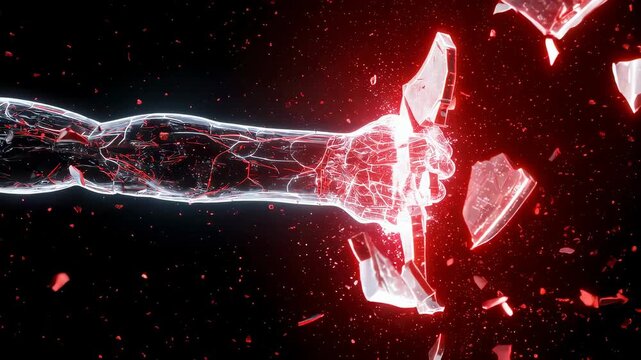 Abstract fist shattering a glass shield, breaking through obstacles and digital security for strength concept footage.