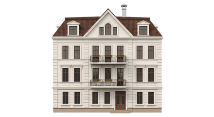 Fototapeta premium Isolated building illustration of a four-story residential house with a brown roof, no people