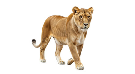Isolated lioness walking towards the camera, powerful animal in motion, wild cat in natural environment