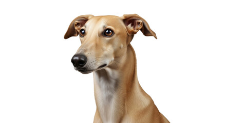 Isolated canine portrait showing tan fur, large eyes, and a calm pose in studio light