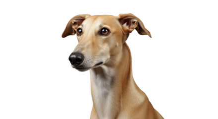 Isolated canine portrait showing tan fur, large eyes, and a calm pose in studio light
