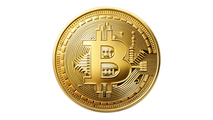 A shiny gold bitcoin coin isolated on transparent background
