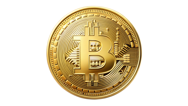 A shiny gold bitcoin coin isolated on transparent background