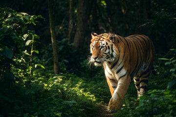 Obraz premium Bengal Tiger in Forest – Majestic Predator Walking Through Lush Green Habitat, Nature, Conceptual, Abstract, Wildlife, Conservation, Landscape