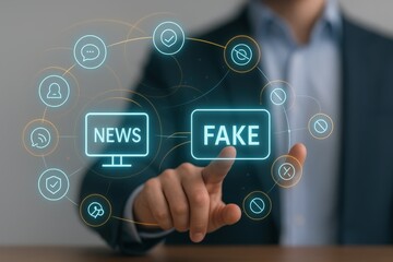 Illustration depicts the concepts of news and false information, with a hand touching a glowing digital interface showcasing "NEWS" and "FAKE" labels with circular icons in a business context.