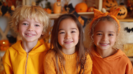 Smiling children in orange outfits celebrating Halloween
