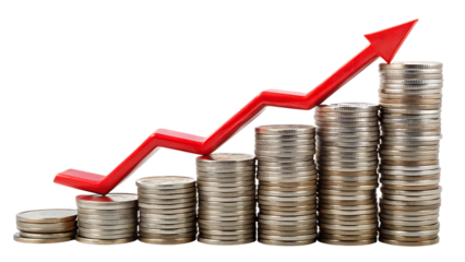 Stacks of coins with a red arrow pointing upwards isolated on transparent background