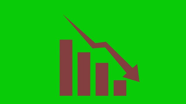 Red animated decline chart with descending bar graph and downward arrow motion, symbolizing financial loss, market crisis, economic downturn, negative performance, investment risk, business failure.
