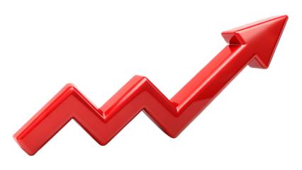 Red arrow graph showing an upward trend isolated on transparent background