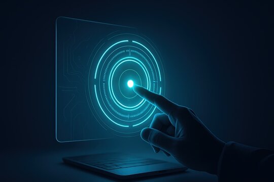 Human finger interacts with an illuminated interface projected above a laptop, showcasing technology and digital interaction, conveying a sense of futurism, with a deep blue color palette