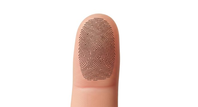 Isolated human index finger with fingerprint pattern on a skin texture, crime, security