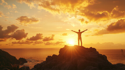 夕陽を指さす者、光に両手を広げる者