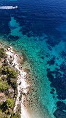 Drone pictures of the stunning beaches of Ithaka and Kefalonia on the Greek Ionian Islands in the blue Mediterranean sea 