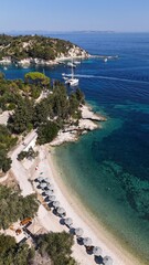 Drone pictures of the stunning beaches of Ithaka and Kefalonia on the Greek Ionian Islands in the blue Mediterranean sea 