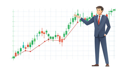 Businessman presenting stock market chart isolated on transparent background