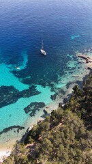 Drone pictures of the stunning beaches of Ithaka and Kefalonia on the Greek Ionian Islands in the blue Mediterranean sea 