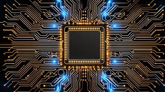 A striking close-up of a computer chip surrounded by intricate circuit patterns and glowing blue lights. This image captures the essence of modern technology and innovation.