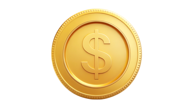 Golden dollar coin with dollar sign isolated on transparent background