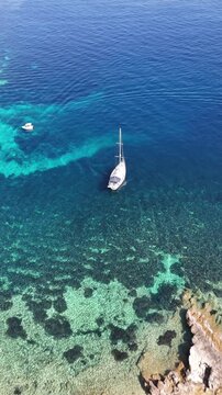 Drone pictures of the stunning beaches of Ithaka and Kefalonia on the Greek Ionian Islands in the blue Mediterranean sea 