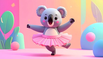 Adorable Cute Baby Koala Bear Ballerina Dancing in Pink Tutu Whimsical Children s Illustration