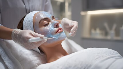 Relaxing facial treatment at a spa with calming blue mask and professional care