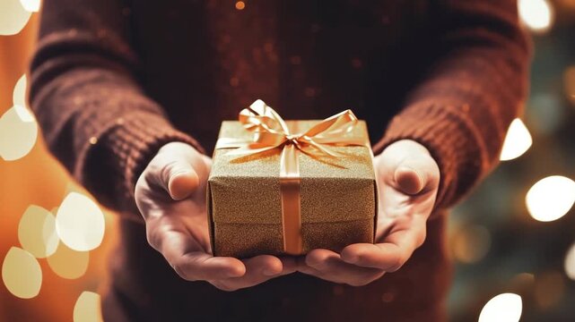 Hands present a beautifully wrapped golden gift box adorned with a shiny ribbon, capturing the essence of holiday spirit and joy during the festive season