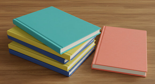 A stack of four colorful, blank hardcover books (blue, yellow, turquoise) and one pink book, rendered on a warm wooden desk. Minimalist 3D render, education, reading, copy space.