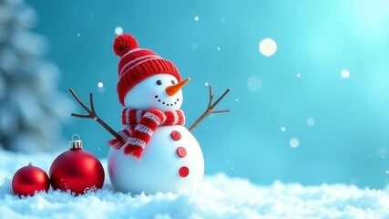 Cheerful snowman with red scarf and hat, surrounded by festive ornaments, joyfully standing in fresh snow, capturing the essence of a magical winter scene - Powered by Adobe