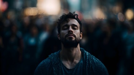 Fototapeta premium A man with eyes closed in deep meditation finds a moment of peace amidst the blurred chaos of a bustling city at night