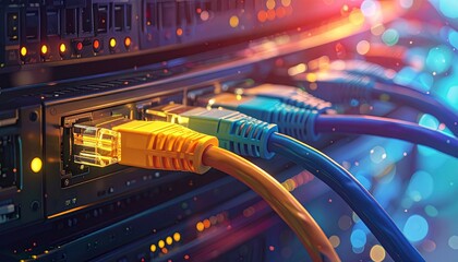 Colorful network cables plugged into server with glowing indicators—evoking connectivity, flow, and the electric choreography of data, infrastructure, and digital precision.