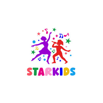 Colorful kids talent logo featuring silhouettes of children singing and dancing surrounded by stars, music notes, and playful shapes. Fun, vibrant, and creative design suitable for children&rsquo;s events, 