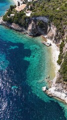 Drone pictures of the stunning beaches of Ithaka and Kefalonia on the Greek Ionian Islands in the blue Mediterranean sea 