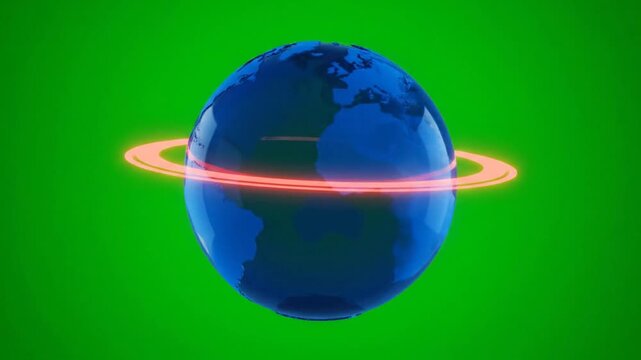 Blue globe with a glowing orange ring around the equator on a green screen background.