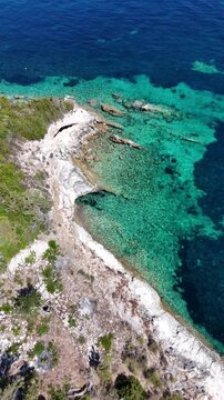 Drone pictures of the stunning beaches of Ithaka and Kefalonia on the Greek Ionian Islands in the blue Mediterranean sea 
