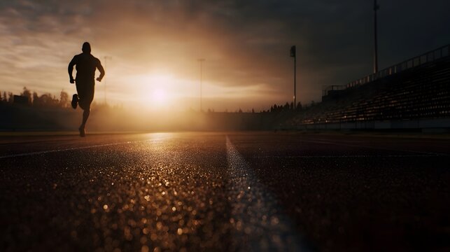 Silhouette of an athlete running on a track during a dramatic sunrise with stadium seating in the background
