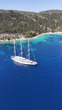 Drone pictures of the stunning beaches of Ithaka and Kefalonia on the Greek Ionian Islands in the blue Mediterranean sea 