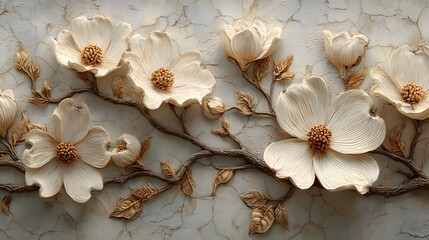 Beautiful bas-relief of dogwood flowers is carved into ancient marble. Soft, directional lighting highlights the delicate and intricate textures and shadows.