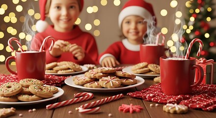 Children enjoying christmas cookies and hot chocolate with candy canes at home