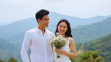 Young couple smiling joyfully in a scenic mountainous landscape, holding a bouquet of flowers - Powered by Adobe