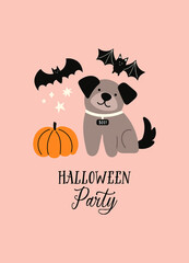 Halloween party vector quote. Cute dog, party pumpkins and bats on pink background. Happy Halloween print in flat style.