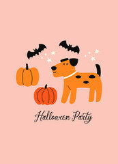 Halloween party vector quote. Cute dog, party pumpkin and bats on pink background. Happy Halloween print in flat style.