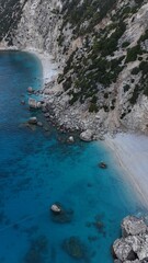 Drone pictures of the stunning beaches of Ithaka and Kefalonia on the Greek Ionian Islands in the blue Mediterranean sea 