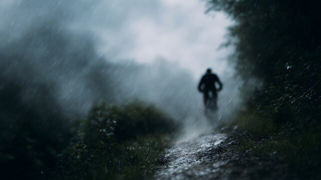 A cyclist rides on a wet muddy trail through a dense forest during a heavy rainstorm - Powered by Adobe