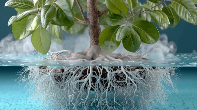 Transpiration and Biology concept ,tree root system submerged water with exposed root structure leaf mist conveying calm