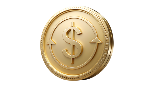 Gold coin with dollar sign isolated on transparent background for financial concept
