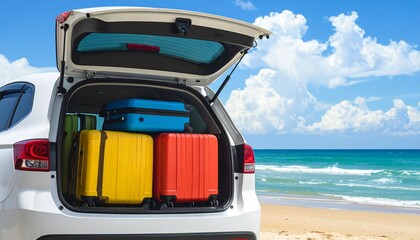 White SUV with open trunk packed with colorful suitcases by turquoise beach—evoking escape, joy, and the vibrant choreography of travel, leisure, and coastal anticipation.