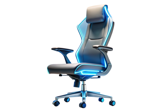Ergonomic gaming chair isolated on transparent background with blue neon accents