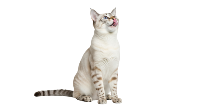 Isolated Snow Bengal cat sitting, licking nose, beautiful eyes, tabby markings, pet studio
