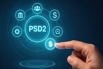 Technological interface showcasing a financial concept, with a finger interacting with a glowing, circular interface depicting various icons, including dollar signs and a central label, all set...