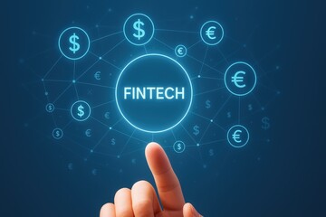 Finger pointing towards a glowing "Fintech" concept icon surrounded by dollar and euro symbols connected with a network, with a gradient blue background creating a futuristic and modern illustration.